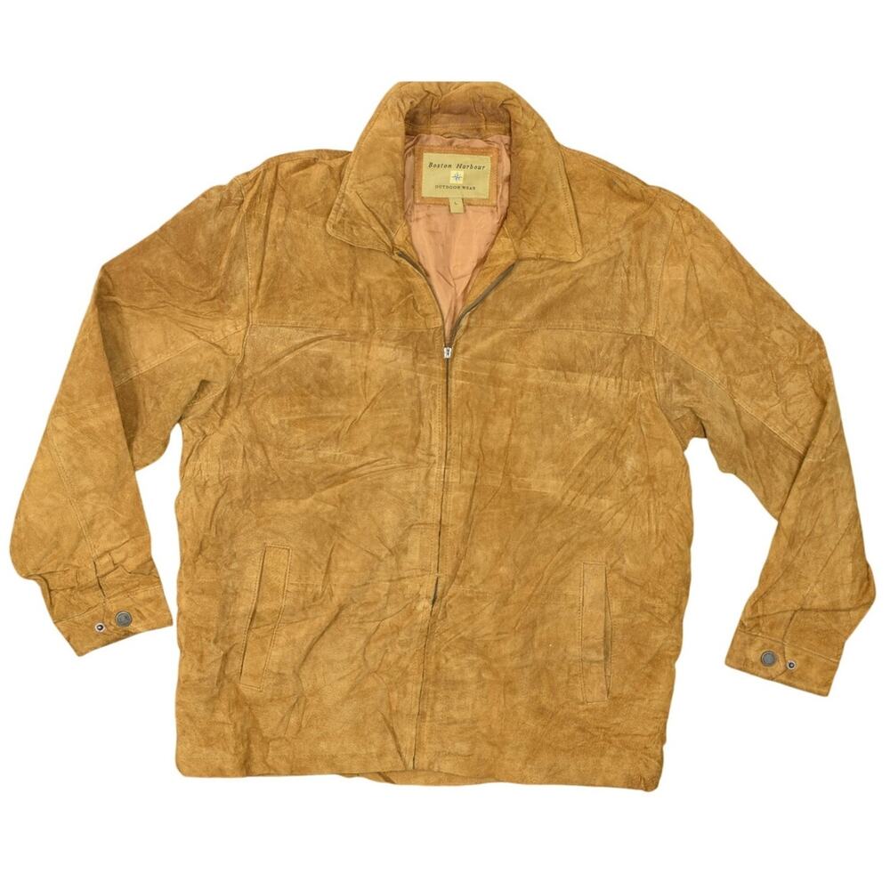 Boston Harbour Tan Brown Leather Full Zip Bomber Jacket L Pockets STAINED